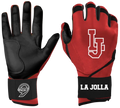 red and black batting gloves for baseball or softball with LJ logo and La Jolla youth baseball on the wrist strap