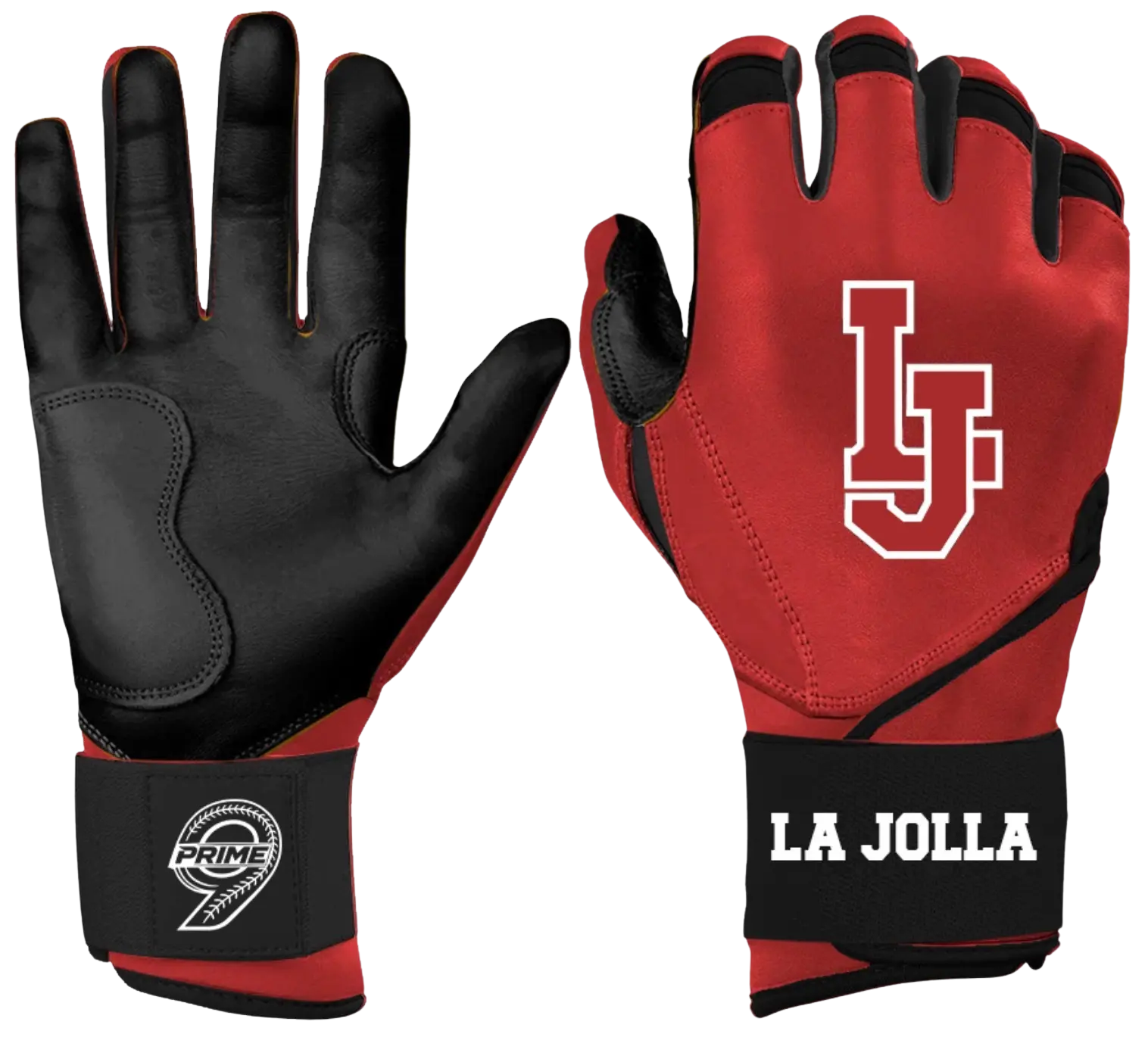 red and black batting gloves for baseball or softball with LJ logo and La Jolla youth baseball on the wrist strap