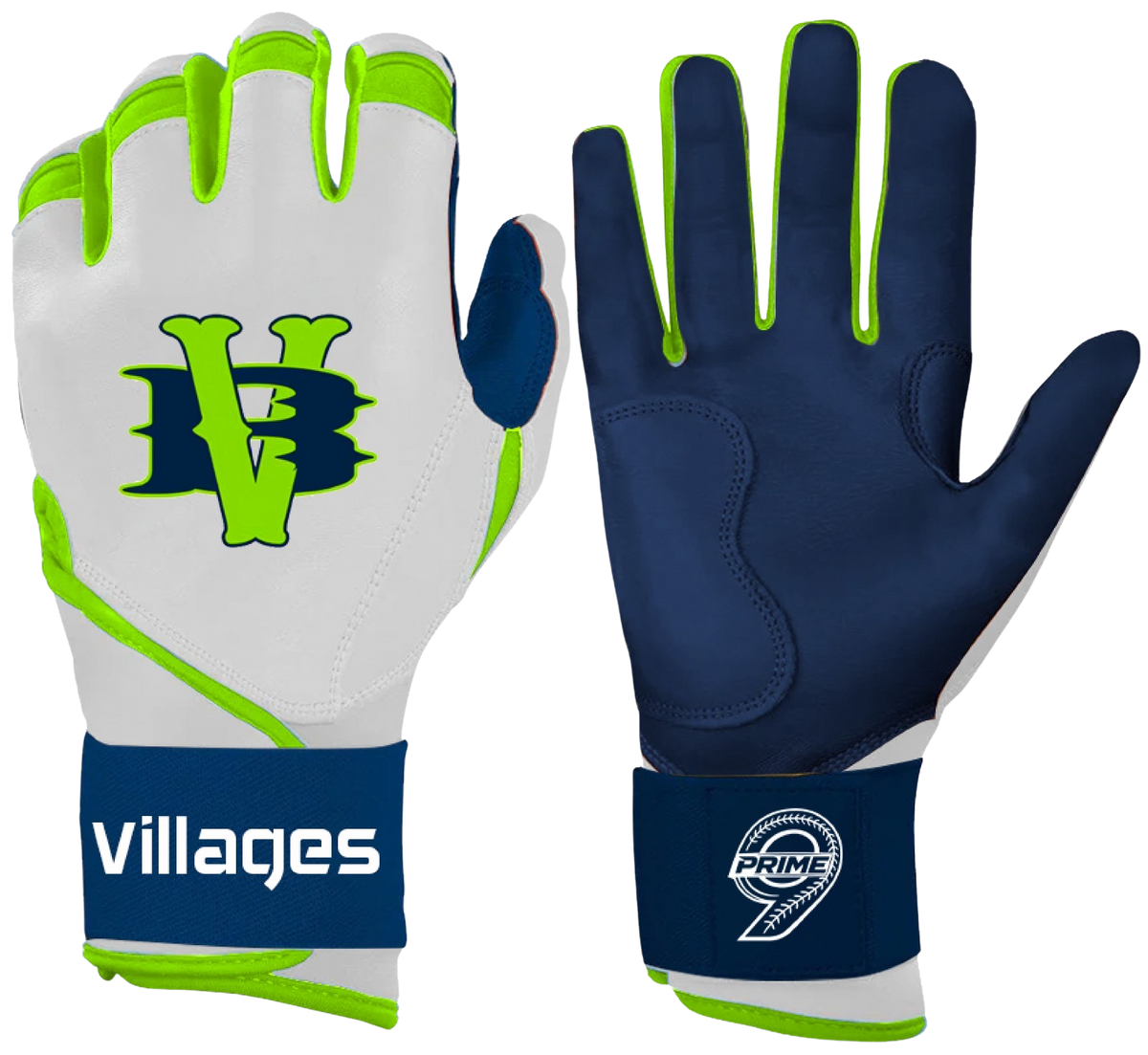 Villages bombers baseball and softball batting gloves.  Navy blue, white and neon green.
