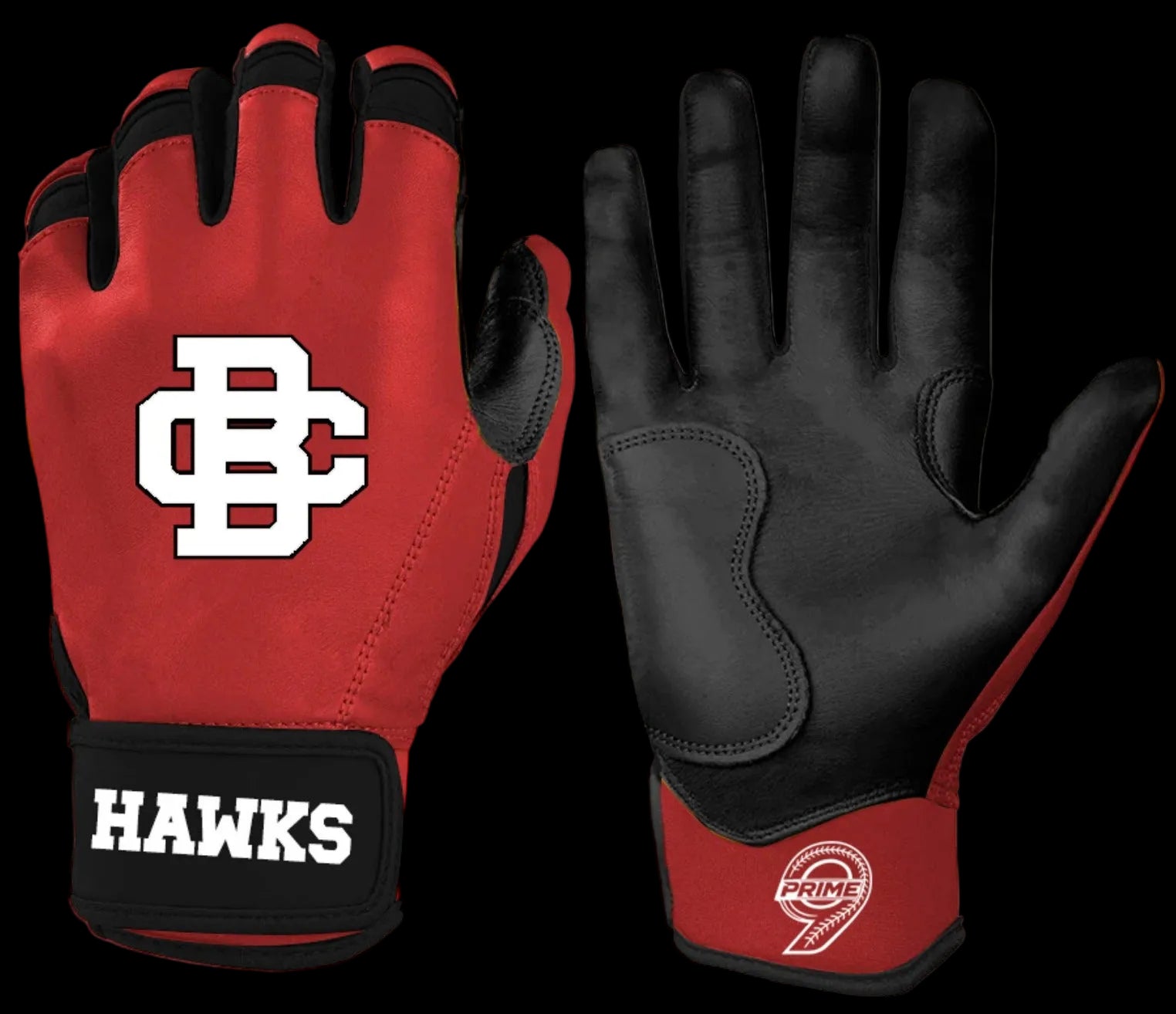 Red and black custom batting gloves with a logo and text on a white background