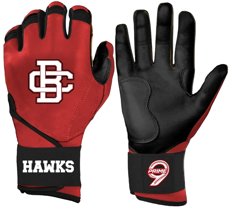 Red and black gloves with logos on a white background