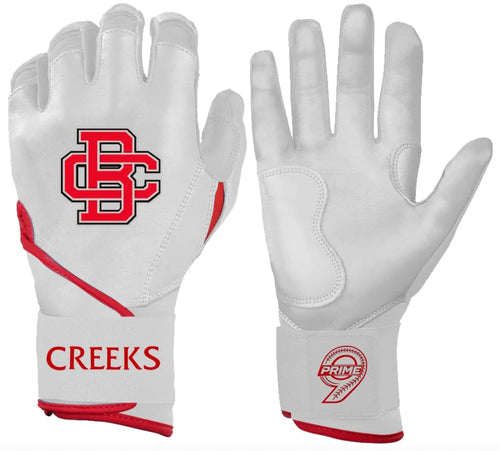White custom batting gloves with red accents and logos on a white background