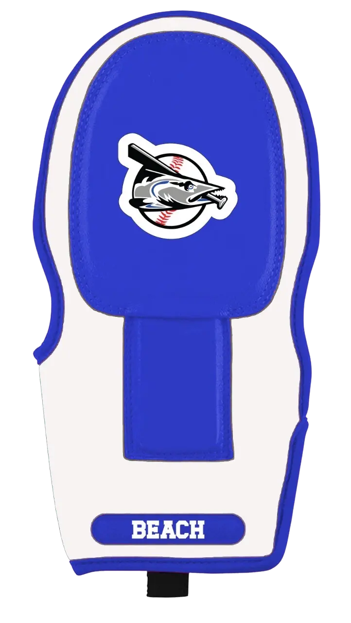 blue and white sliding mitt