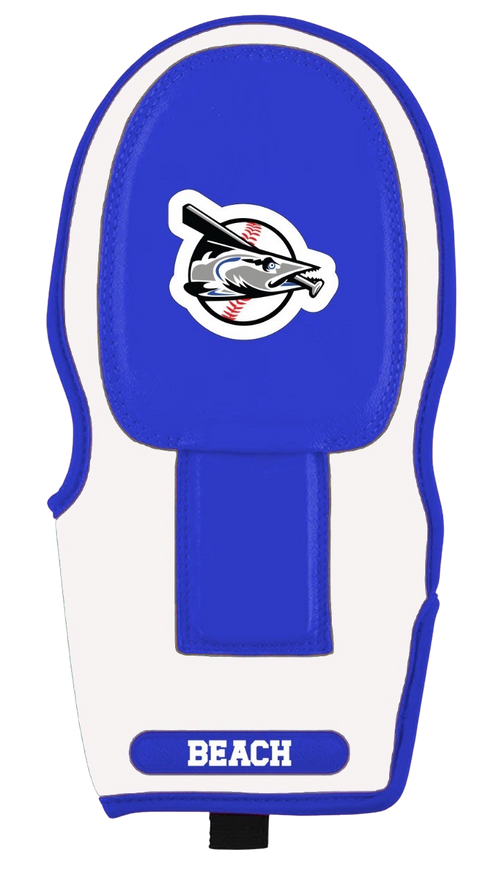 blue and white sliding mitt