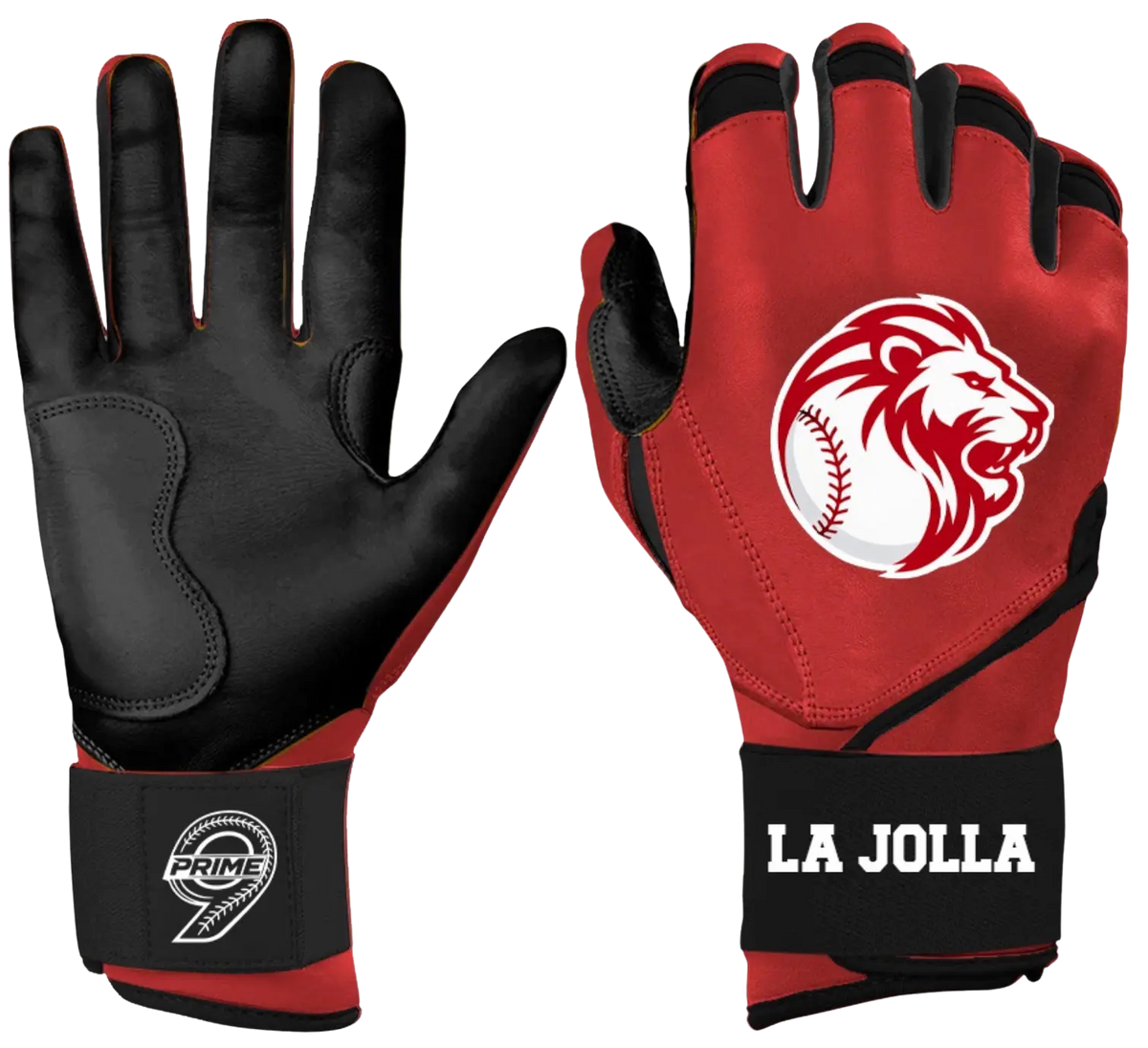 baseball and softball batting gloves with LJ Lions logo.  La jolla youth baseball