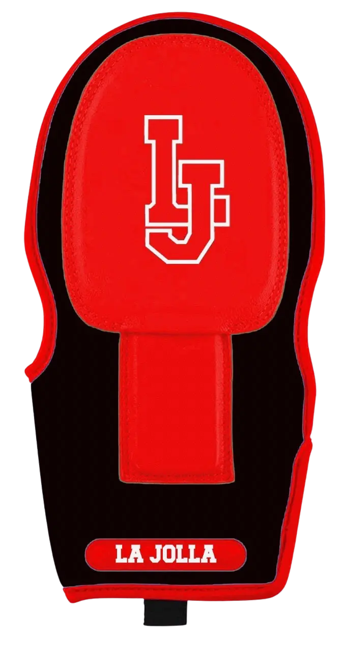 Red and black strapless sliding mitt with 'IJ' logo and 'La Jolla' text on a white background