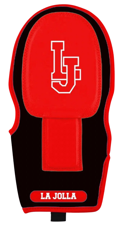 Red and black strapless sliding mitt with 'IJ' logo and 'La Jolla' text on a white background
