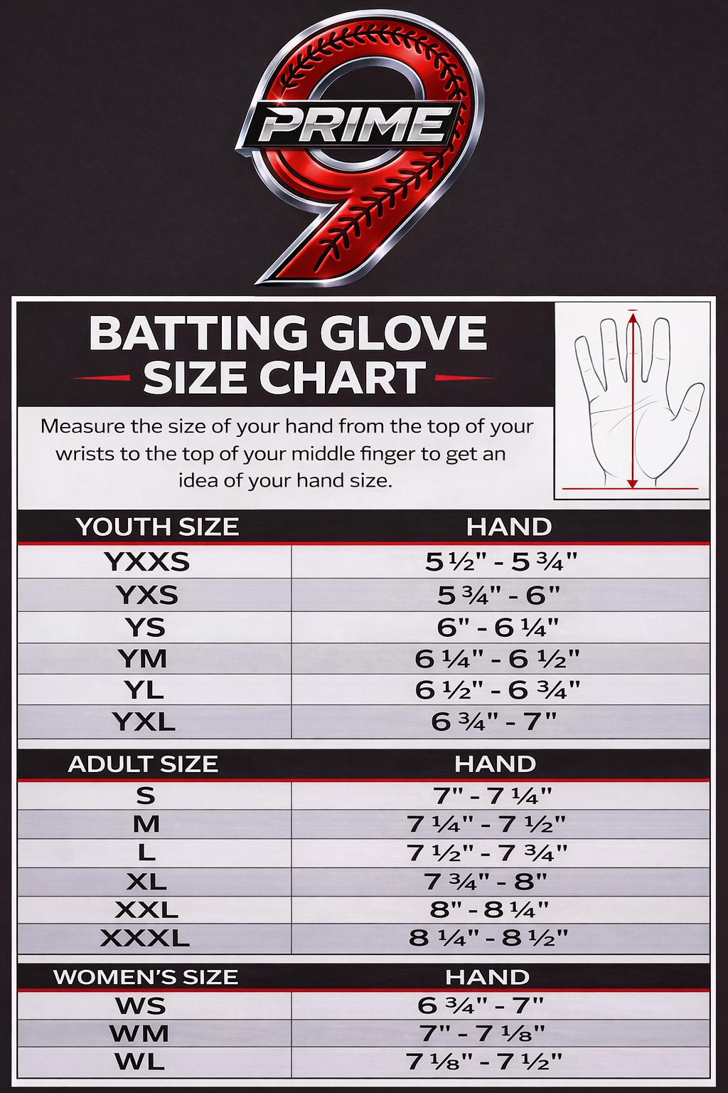 Prime 9 batting glove size chart with measurement instructions.custom 