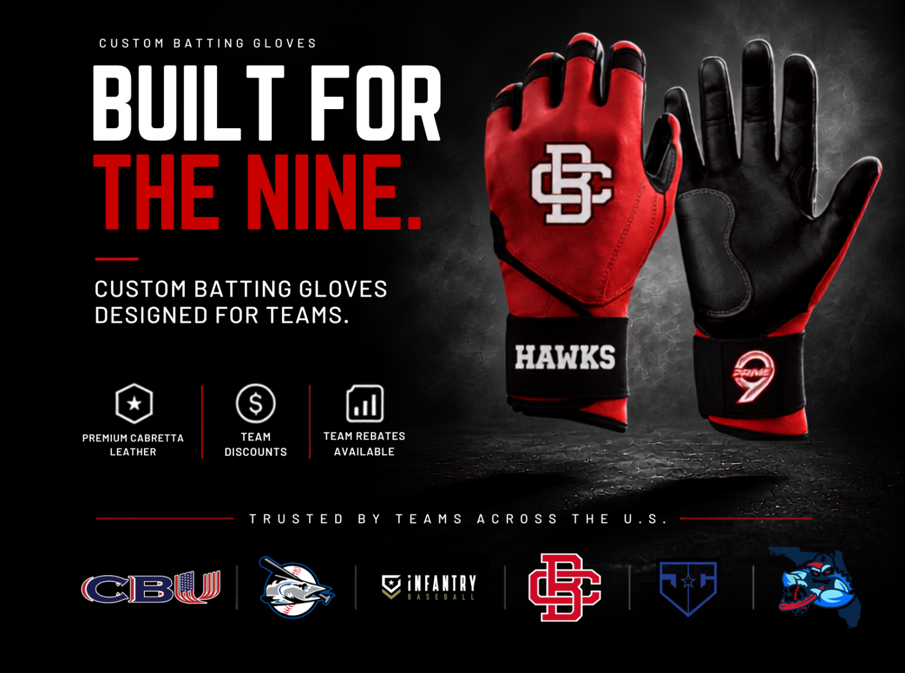 Red and black batting gloves with branding on a dark background
